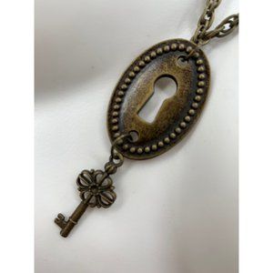 Vintage Lock and Key Style Necklace Lock and Key Pendant  25" length Brass Tones